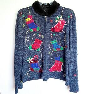 Vintage 90s Christmas Beaded Patchwork Stocking Cardigan Sweater